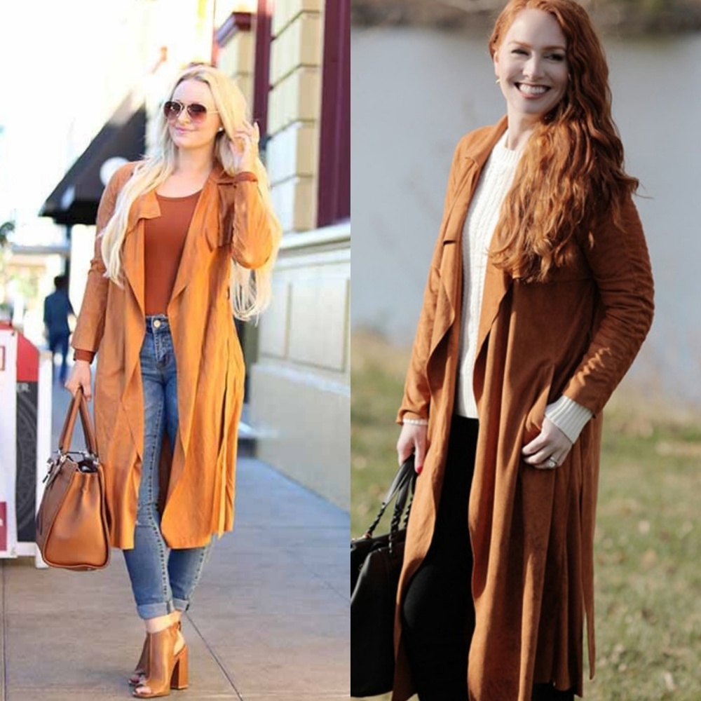LAST! Camel colored suede long duster trench coat - Picture 2 of 7